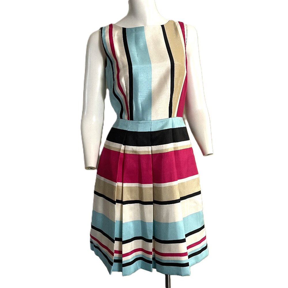 Antonio Melani Dress Sz 2 Blue Pink Stripe Fit & Flare Knee-Length Pleats Pocket